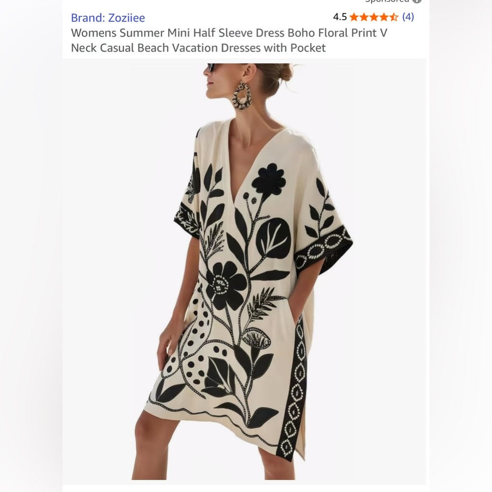 NWT Floral Print V-Neck Dress Black/Beige-S - Picture 16 of 17